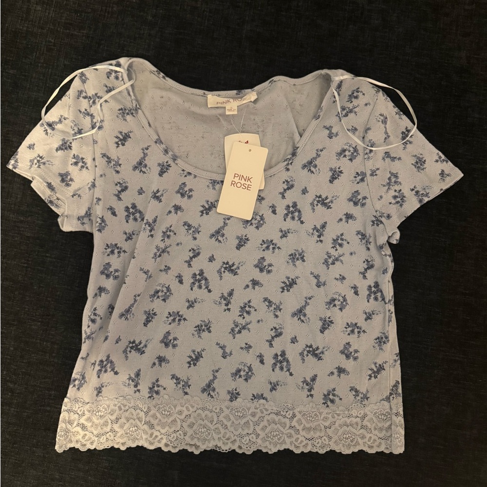 Pink Rose Light Blue Floral Lace Trim Top
